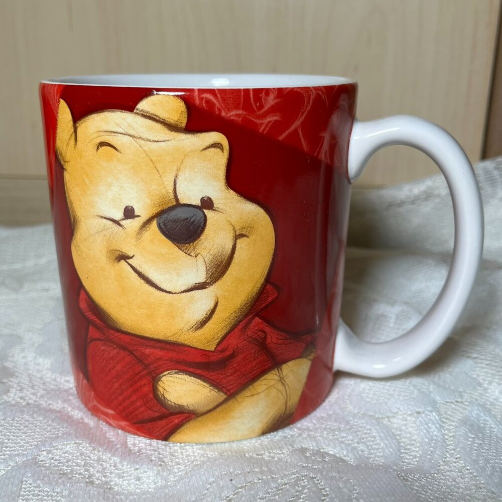 Disney Store - “Winnie the Pooh” Ceramic Mug, Sketch, Red Background